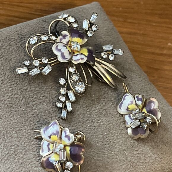 Vintage Carl Art 12K GF emamel pansey Flower Brooch/Pendant earings 1940’s set
